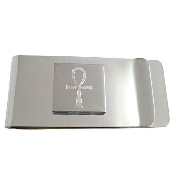Silver Toned Etched Ankh Cross Money Clip